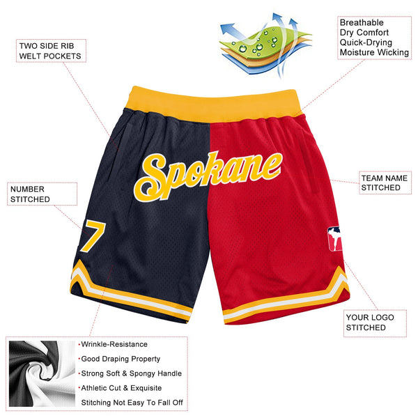 Custom Navy Gold-Red Authentic Throwback Split Fashion Basketball Shorts alternate