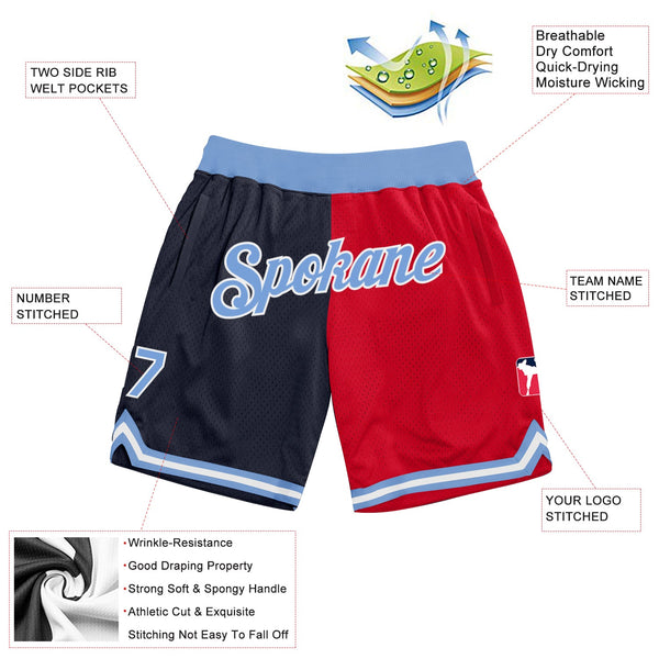 Custom Navy Light Blue-Red Authentic Throwback Split Fashion Basketball Shorts alternate