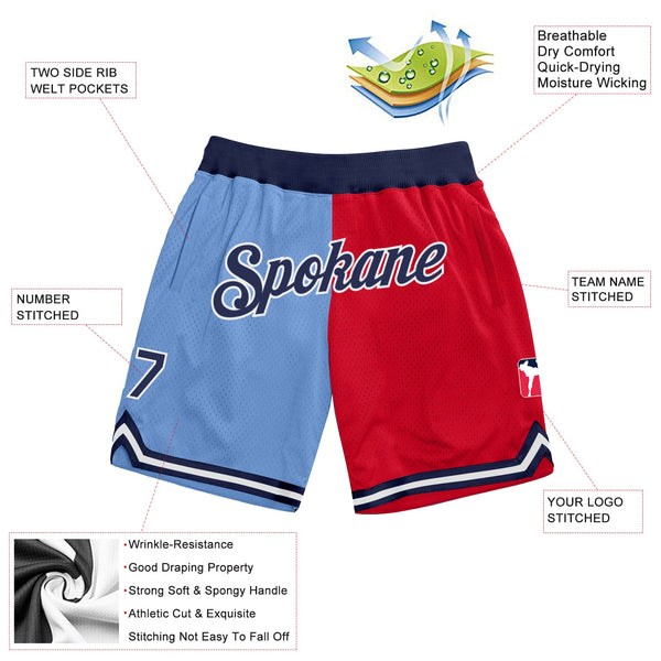 Custom Light Blue Navy-Red Authentic Throwback Split Fashion Basketball Shorts alternate