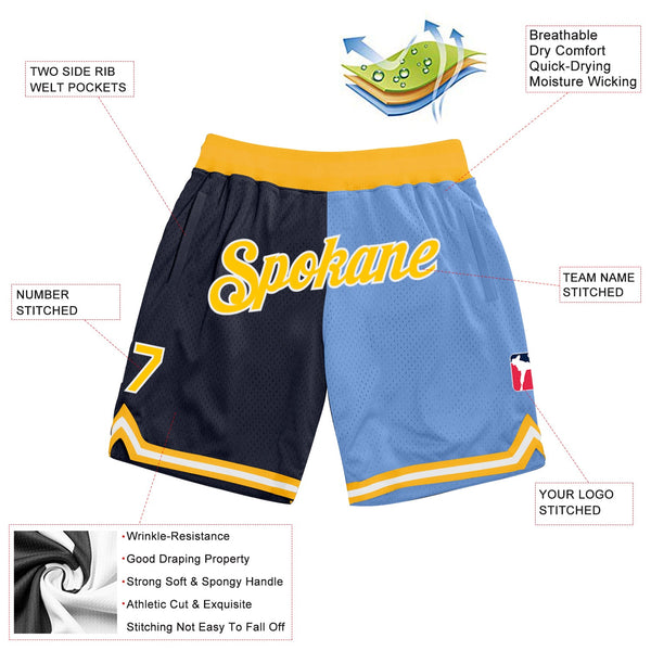 Custom Navy Gold-Light Blue Authentic Throwback Split Fashion Basketball Shorts alternate