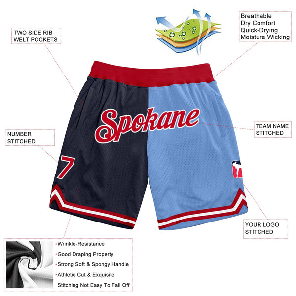 Custom Navy Red-Light Blue Authentic Throwback Split Fashion Basketball Shorts alternate