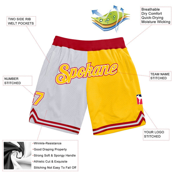 Custom White Gold-Red Authentic Throwback Split Fashion Basketball Shorts alternate