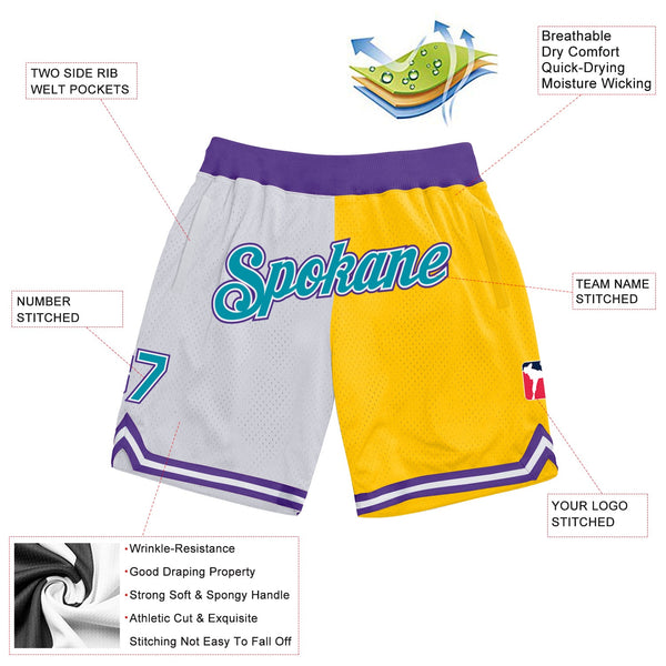 Custom White Teal-Gold Authentic Throwback Split Fashion Basketball Shorts alternate