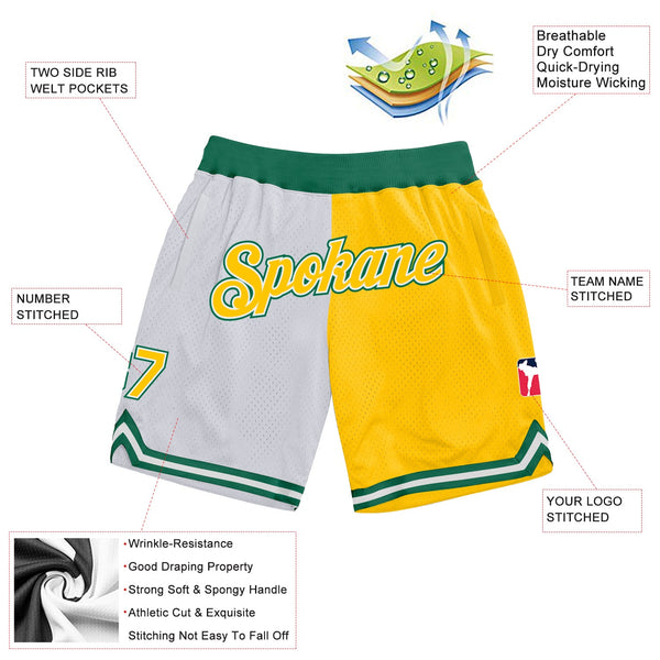 Custom White Gold-Kelly Green Authentic Throwback Split Fashion Basketball Shorts alternate