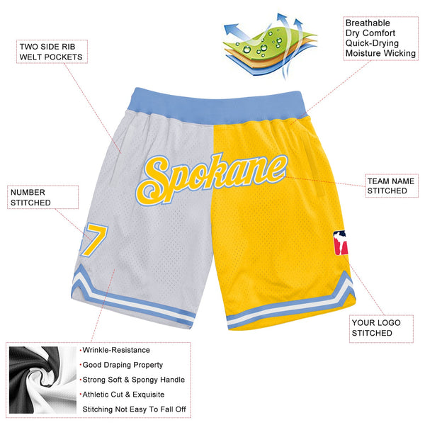 Custom White Gold-Light Blue Authentic Throwback Split Fashion Basketball Shorts alternate