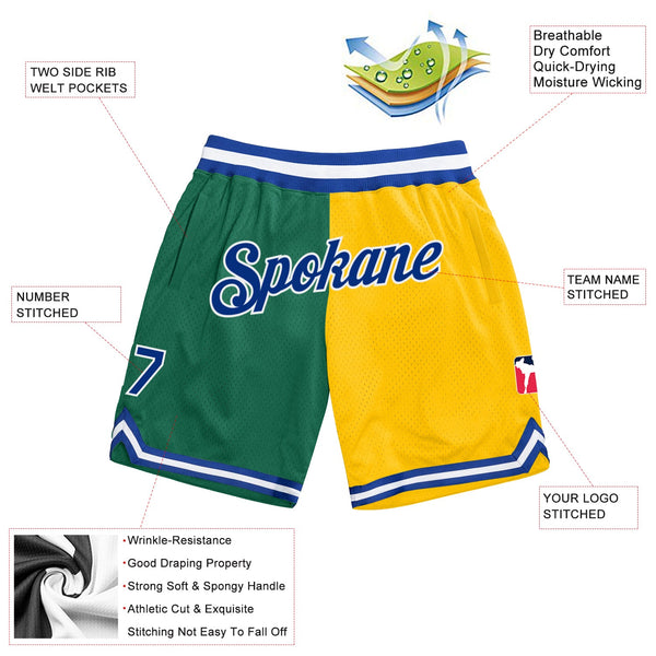 Custom Kelly Green Royal-Gold Authentic Throwback Split Fashion Basketball Shorts alternate