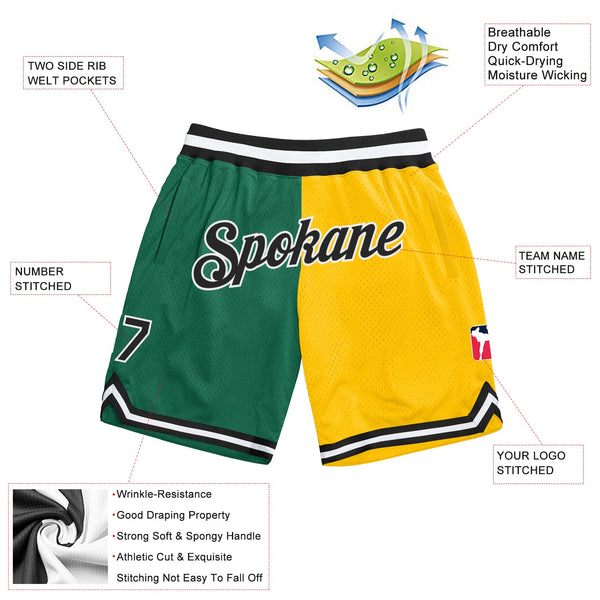 Custom Kelly Green Black-Gold Authentic Throwback Split Fashion Basketball Shorts alternate