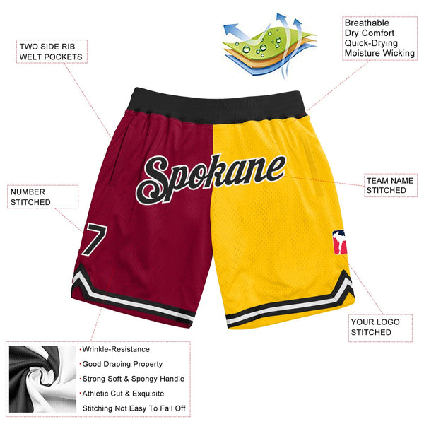 Custom Maroon Black-Gold Authentic Throwback Split Fashion Basketball Shorts alternate
