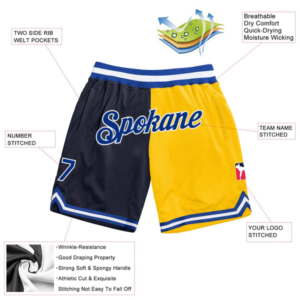 Custom Navy Royal-Gold Authentic Throwback Split Fashion Basketball Shorts alternate