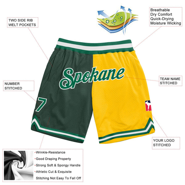Custom Hunter Green Kelly Green-Gold Authentic Throwback Split Fashion Basketball Shorts alternate