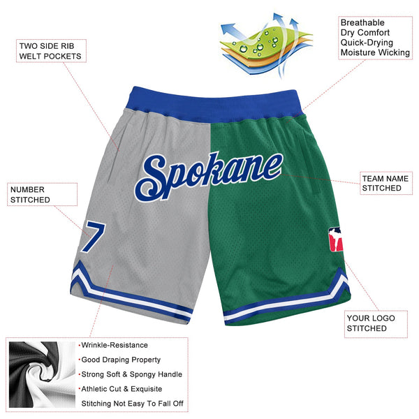 Custom Gray Royal-Kelly Green Authentic Throwback Split Fashion Basketball Shorts alternate