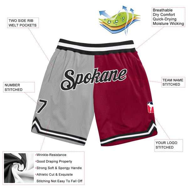 Custom Gray Black-Maroon Authentic Throwback Split Fashion Basketball Shorts alternate