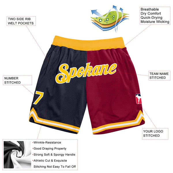 Custom Navy Gold-Maroon Authentic Throwback Split Fashion Basketball Shorts alternate