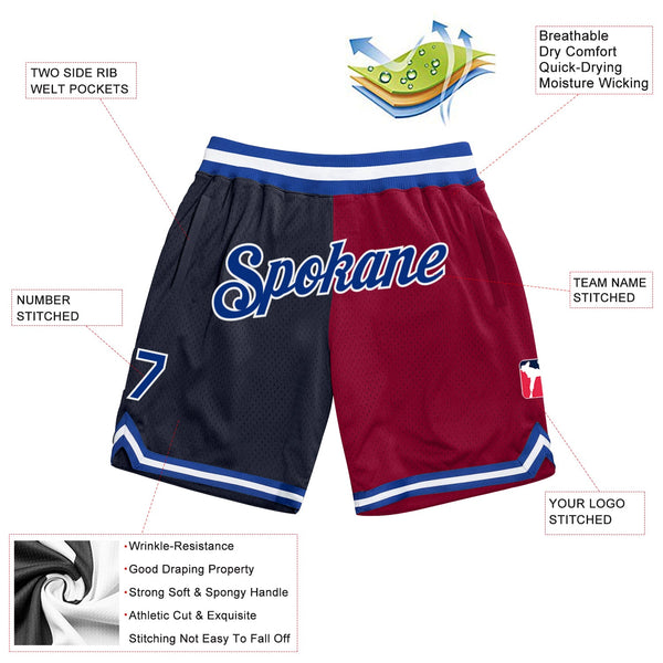 Custom Navy Royal-Maroon Authentic Throwback Split Fashion Basketball Shorts alternate