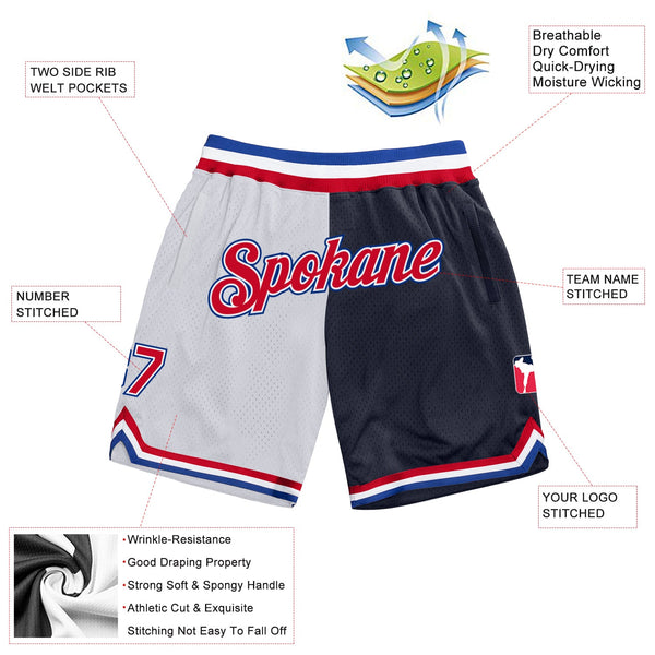 Custom White Red-Navy Authentic Throwback Split Fashion Basketball Shorts alternate