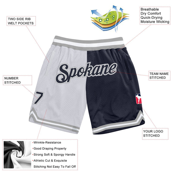 Custom White Navy-Gray Authentic Throwback Split Fashion Basketball Shorts alternate