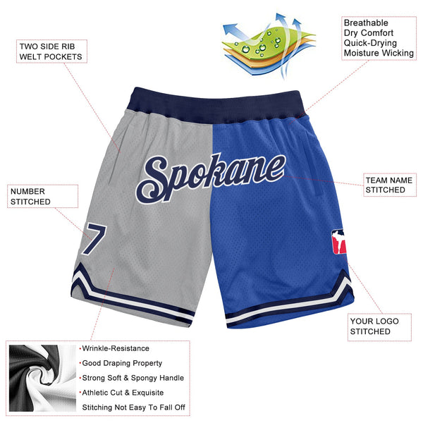 Custom Gray Navy-Blue Authentic Throwback Split Fashion Basketball Shorts alternate