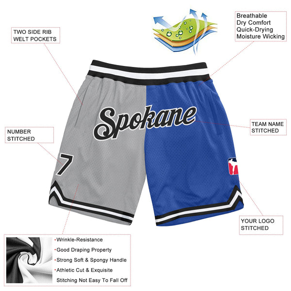 Custom Gray Black-Blue Authentic Throwback Split Fashion Basketball Shorts alternate