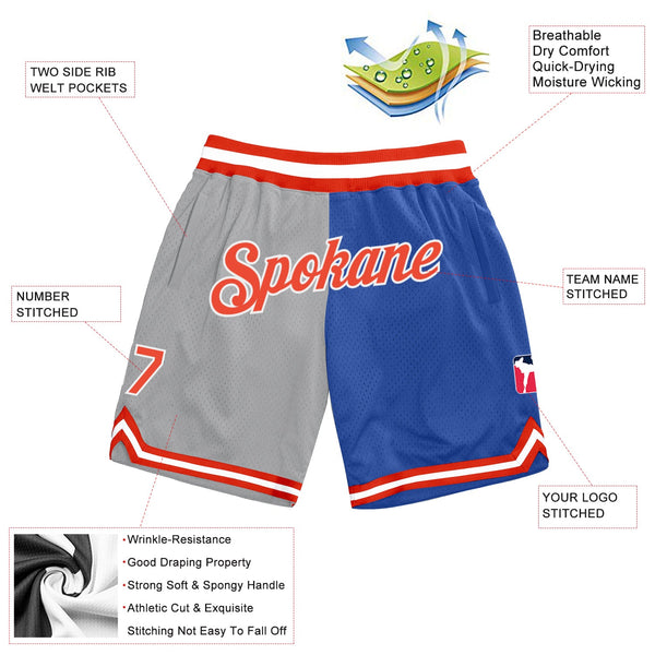 Custom Gray Orange-Blue Authentic Throwback Split Fashion Basketball Shorts alternate