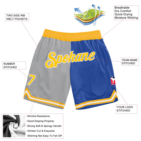Custom Gray Gold-Blue Authentic Throwback Split Fashion Basketball Shorts alternate