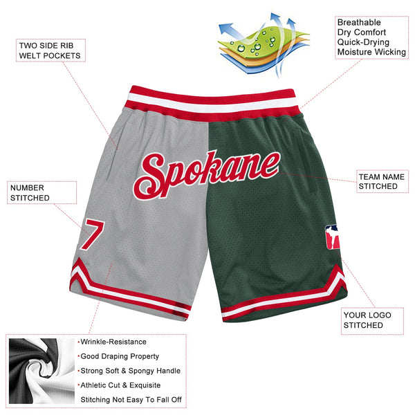 Custom Gray Red-Hunter Green Authentic Throwback Split Fashion Basketball Shorts alternate