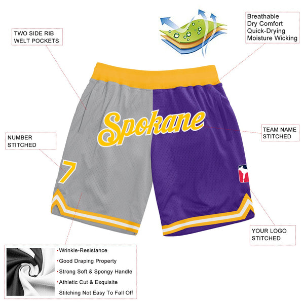 Custom Gray Gold-Purple Authentic Throwback Split Fashion Basketball Shorts alternate