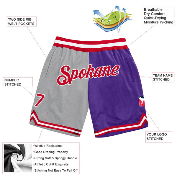 Custom Gray Red-Purple Authentic Throwback Split Fashion Basketball Shorts alternate