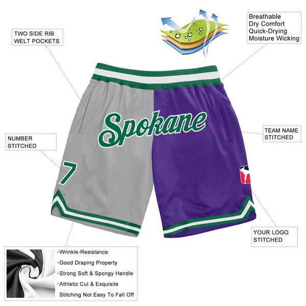 Custom Gray Kelly Green-Purple Authentic Throwback Split Fashion Basketball Shorts alternate