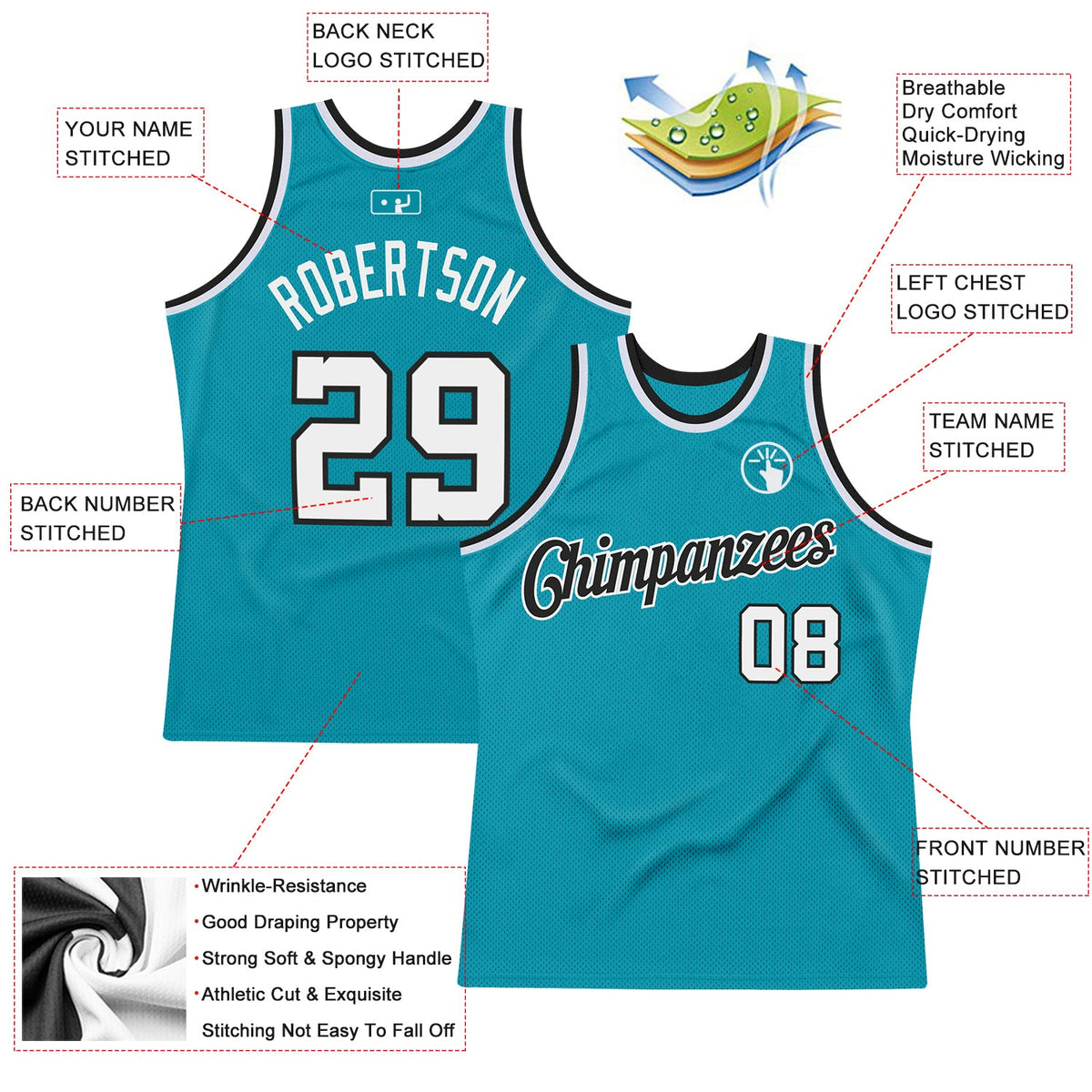 Custom Teal White-Black Authentic Throwback Basketball Jersey - Back
