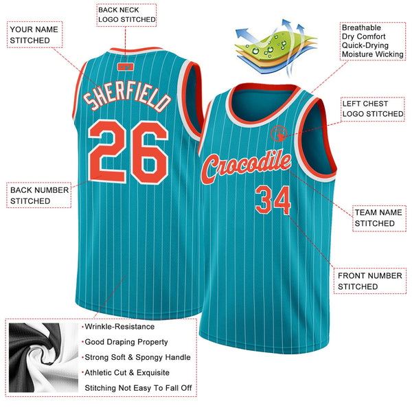 Custom Teal White Pinstripe Orange-White Authentic Basketball Jersey alternate