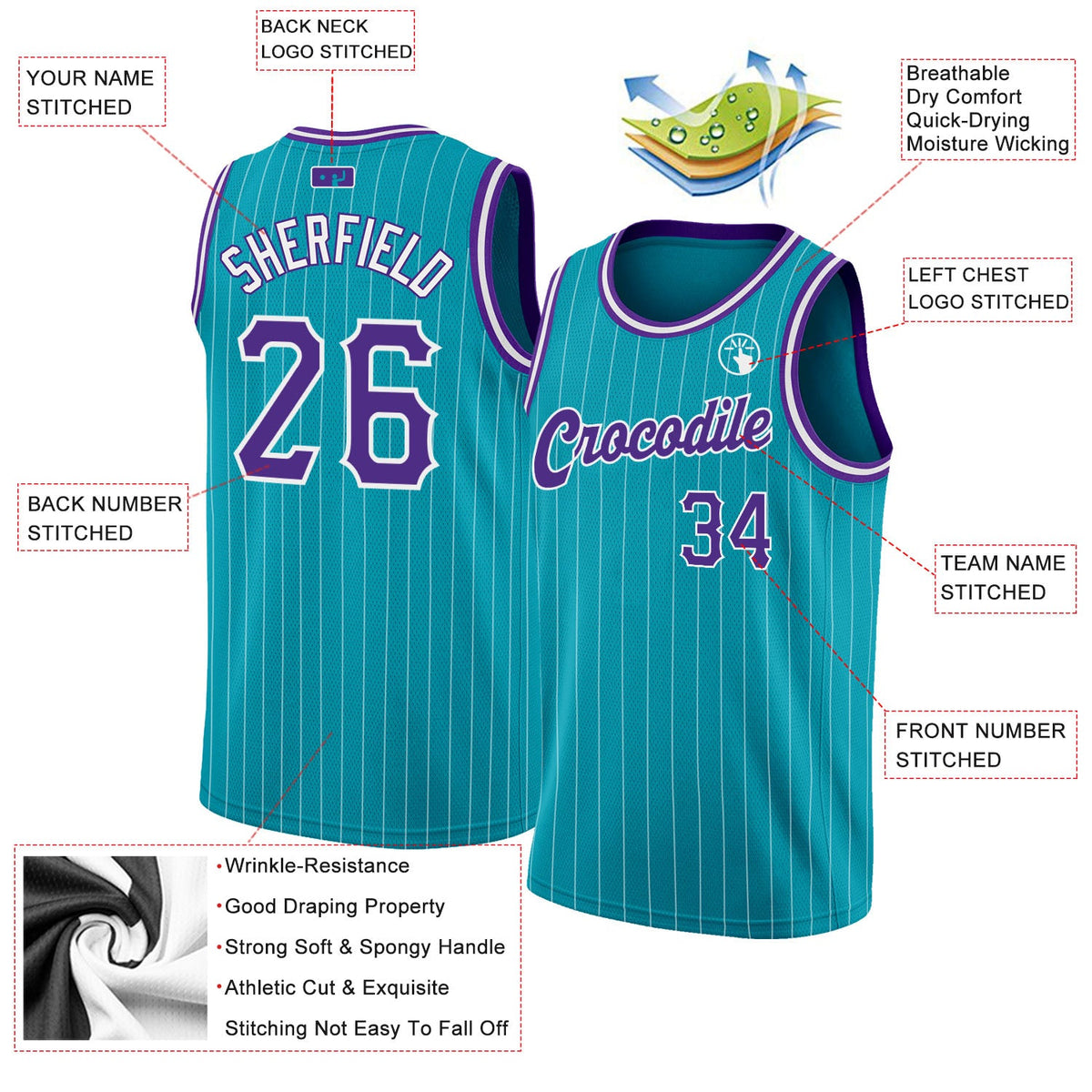 Custom Teal White Pinstripe Purple-White Authentic Basketball Jersey - Back