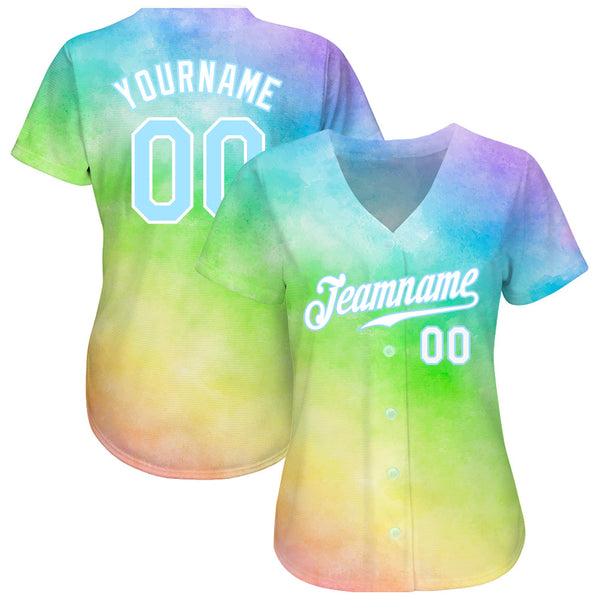 Custom Tie Dye Light Blue-White 3D Rainbow Authentic Baseball Jersey alternate