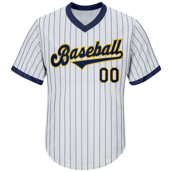 Custom White Navy Pinstripe Navy-Gold Authentic Throwback Rib-Knit Baseball Jersey Shirt alternate