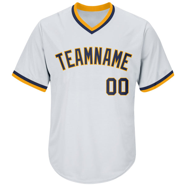 Custom White Navy-Gold Authentic Throwback Rib-Knit Baseball Jersey Shirt alternate