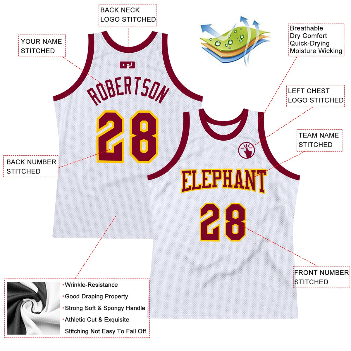 Custom White Maroon-Gold Authentic Throwback Basketball Jersey - Back