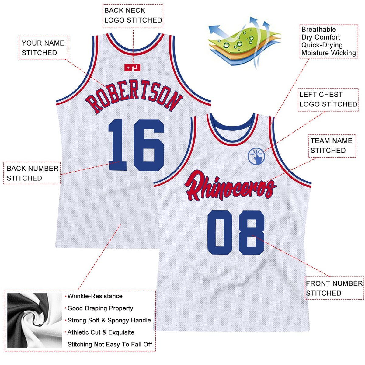 Custom White Royal-Red Authentic Throwback Basketball Jersey - Back
