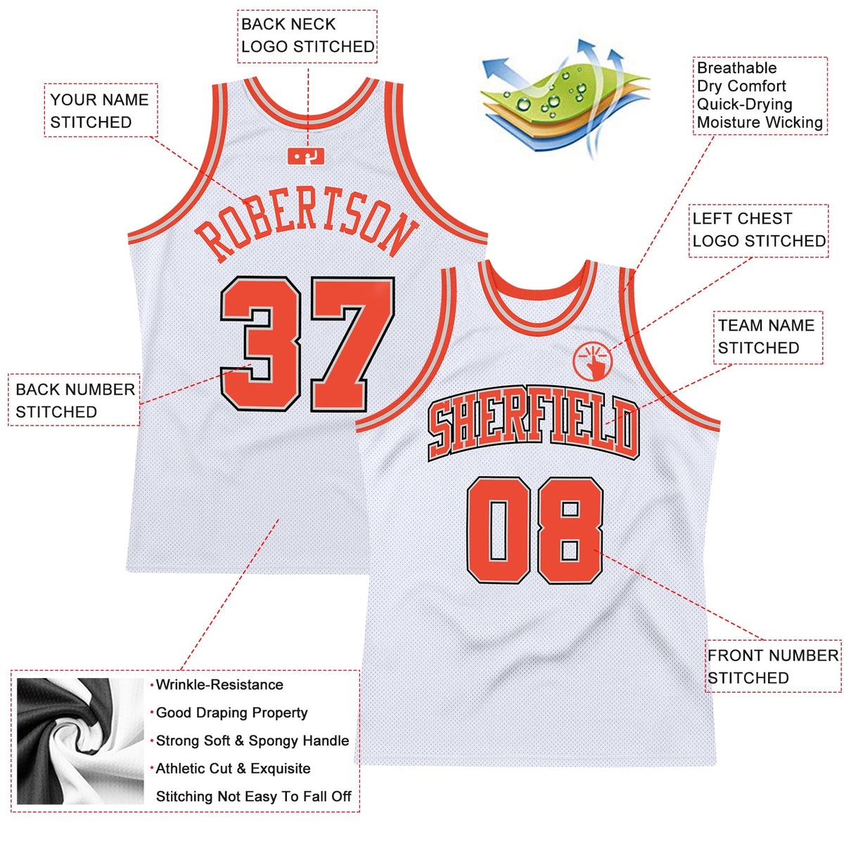 Custom White Orange-Gray Authentic Throwback Basketball Jersey - Back