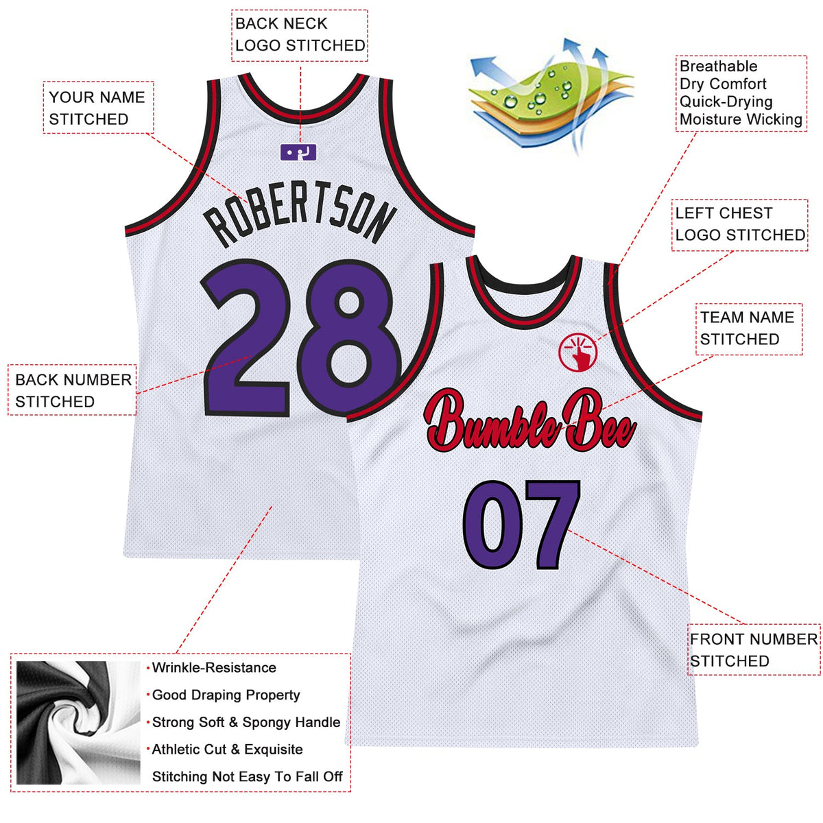 Custom White Purple-Red Authentic Throwback Basketball Jersey - Back