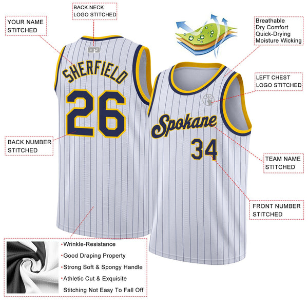 Custom White Navy Pinstripe Navy-Gold Authentic Basketball Jersey alternate