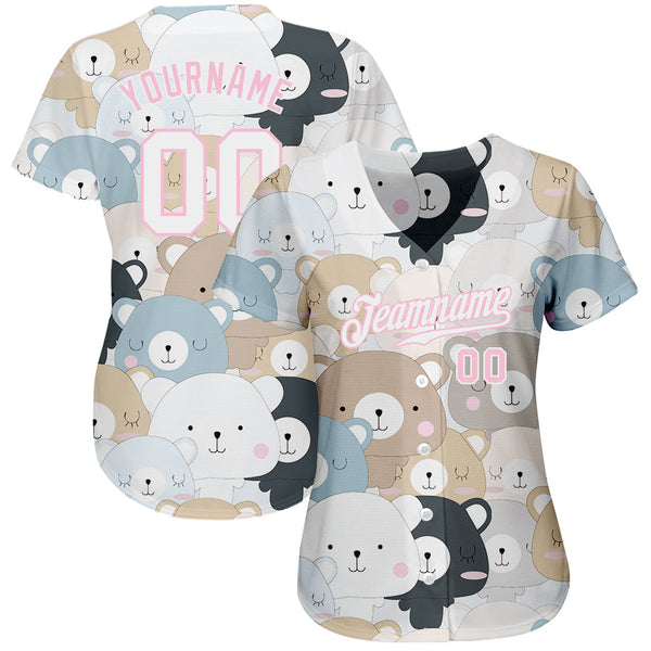 Custom White White-Light Pink 3D Pattern Design Teddy Bears Authentic Baseball Jersey alternate