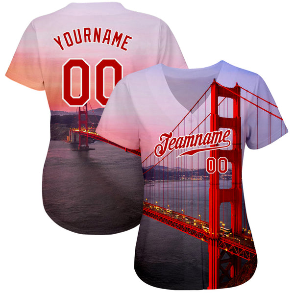 Custom White Red-White 3D Pattern Design Golden Gate Bridge Authentic Baseball Jersey alternate