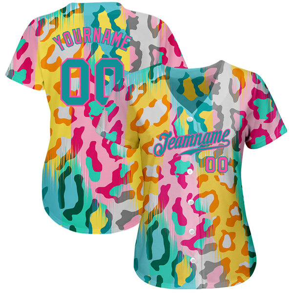Custom White Teal-Pink 3D Pattern Design Leopard Authentic Baseball Jersey alternate