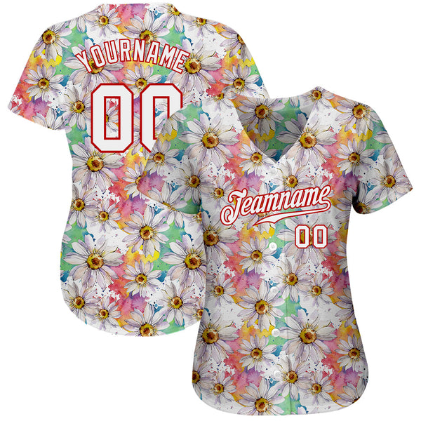 Custom White White-Red 3D Pattern Design Daisy Authentic Baseball Jersey alternate