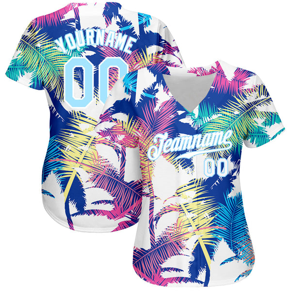 Custom White Light Blue 3D Pattern Design Hawaii Palm Trees Authentic Baseball Jersey alternate