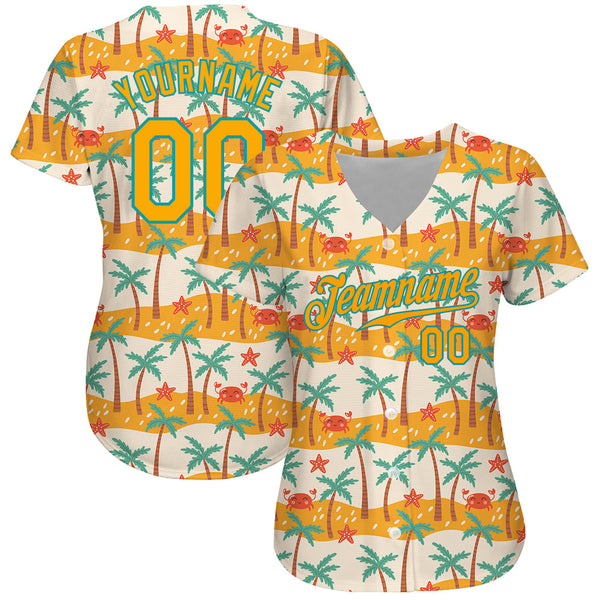 Custom White Gold-Teal 3D Pattern Design Hawaii Palm Trees Authentic Baseball Jersey alternate