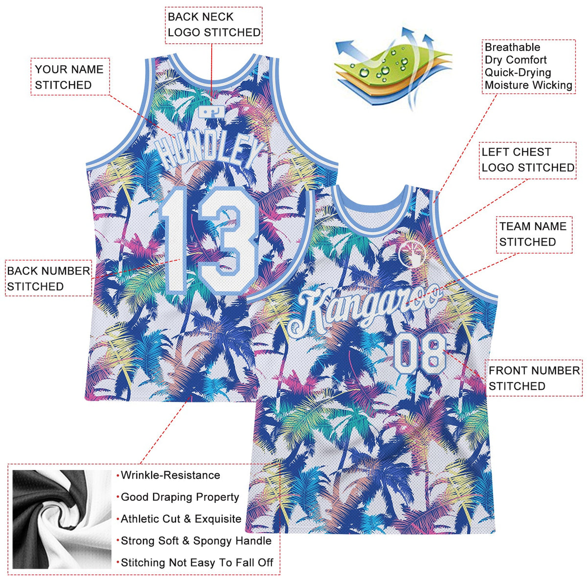 Custom White White-Light Blue 3D Pattern Hawaii Palm Trees Authentic Basketball Jersey - Back